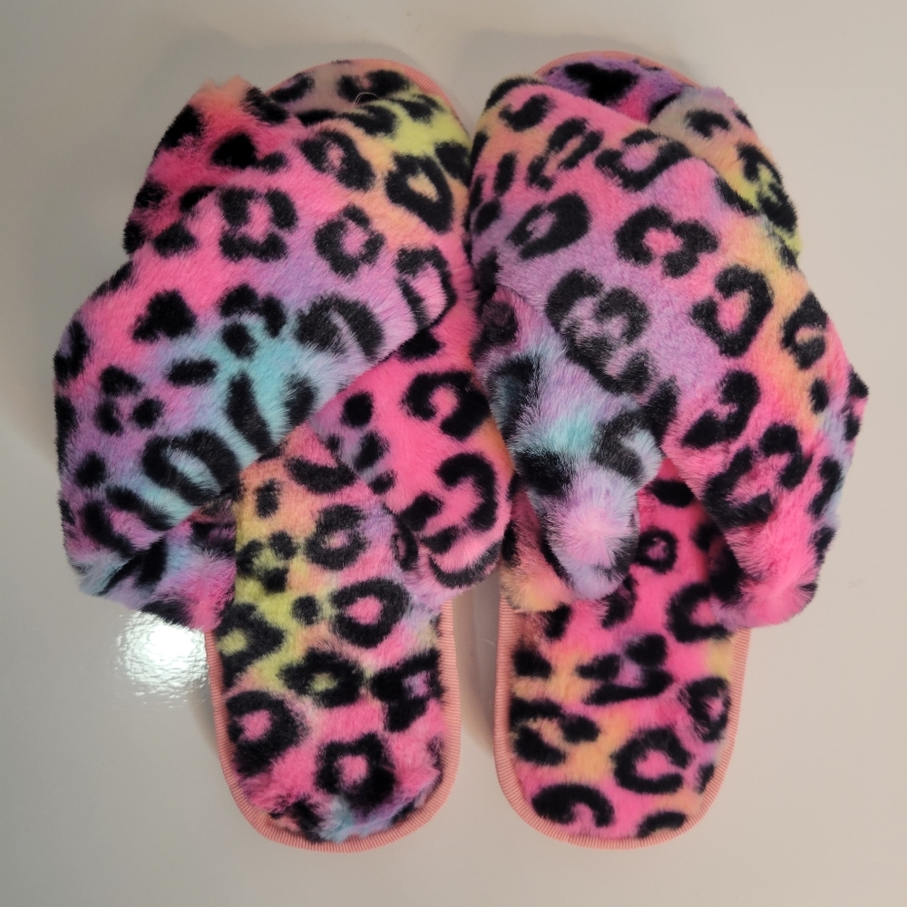 Pink Leopard Print Thick Fluffy Slippers 40-41
